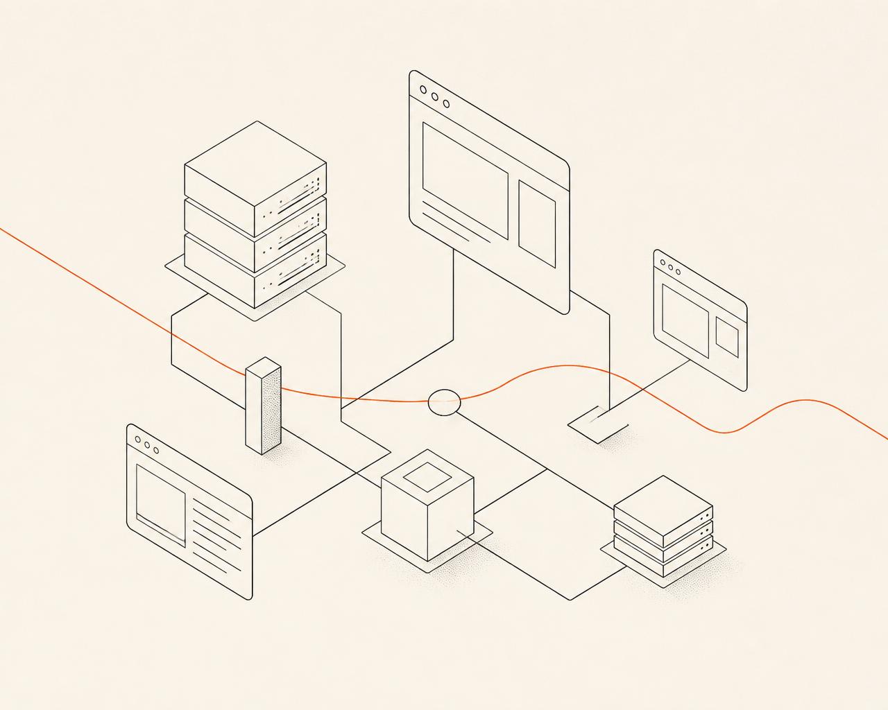 Line illustration of servers and browser windows connected in a network